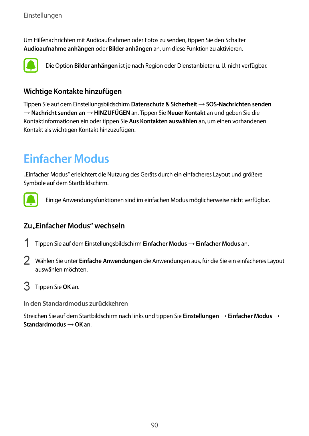 Samsung SM-A310FZDADBT, SM-A310FEDADBT, SM-A310FZKADBT manual Wichtige Kontakte hinzufügen, Zu„Einfacher Modus wechseln 