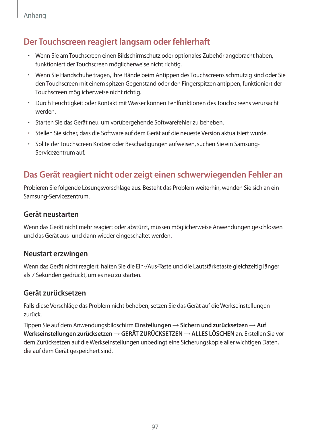 Samsung SM-A310FZKADBT, SM-A310FEDADBT, SM-A310FZDADBT, SM-A310FZWADBT manual Neustart erzwingen, Gerät zurücksetzen 