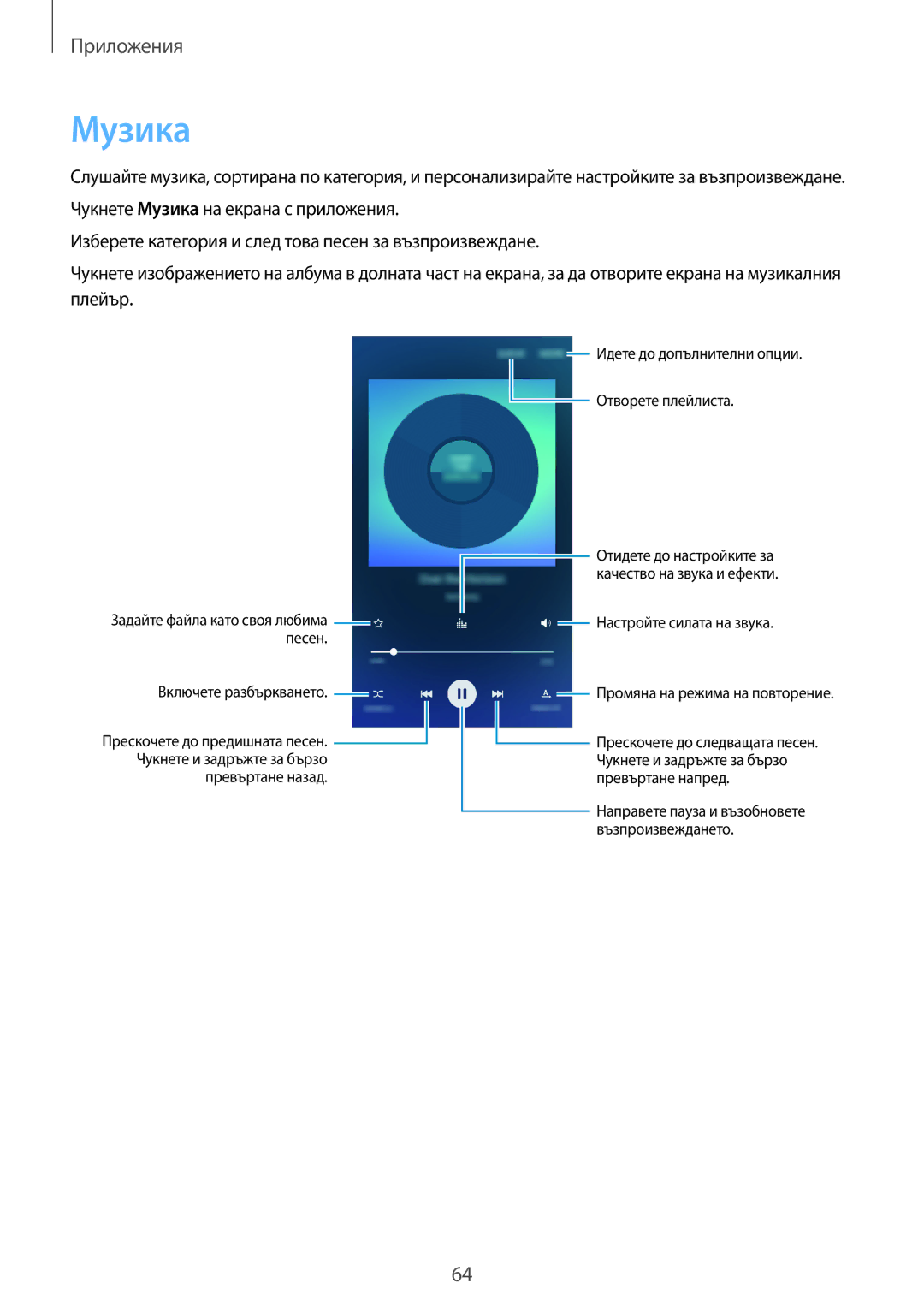 Samsung SM-A310FZDABGL manual Музика, Превъртане назад 