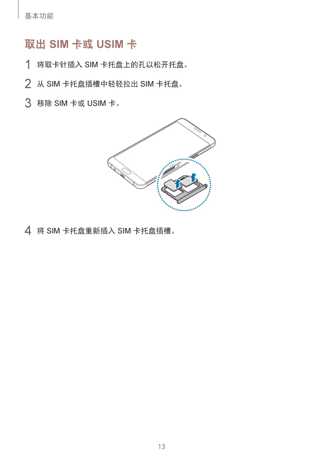 Samsung SM-A310FEDDXXV, SM-A310FZDDXXV, SM-A310FZKDXXV 取出 SIM 卡或 Usim 卡, 将取卡针插入 Sim 卡托盘上的孔以松开托盘。 Sim 卡托盘插槽中轻轻拉出 Sim 卡托盘。 