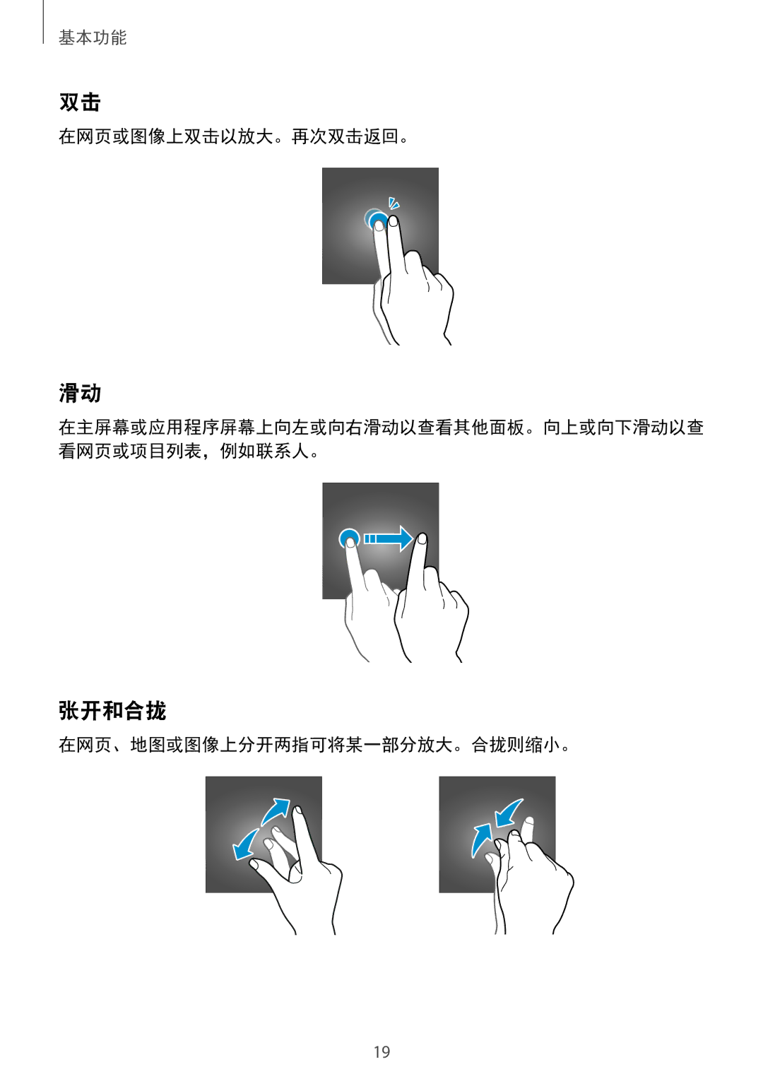 Samsung SM-A310FEDDXXV, SM-A310FZDDXXV, SM-A310FZKDXXV manual 张开和合拢, 在网页或图像上双击以放大。再次双击返回。, 在网页、地图或图像上分开两指可将某一部分放大。合拢则缩小。 