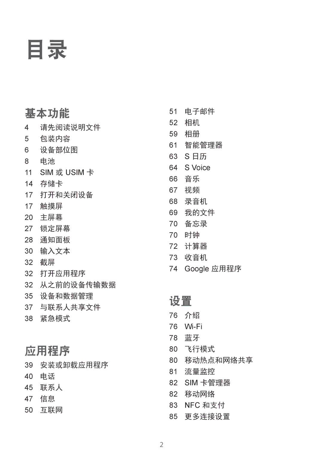 Samsung SM-A310FZKDXXV manual 请先阅读说明文件 包装内容 设备部位图, 66 音乐 67 视频 68 录音机 69 我的文件 70 备忘录 70 时钟 72 计算器 73 收音机, 76 介绍, 82 移动网络 