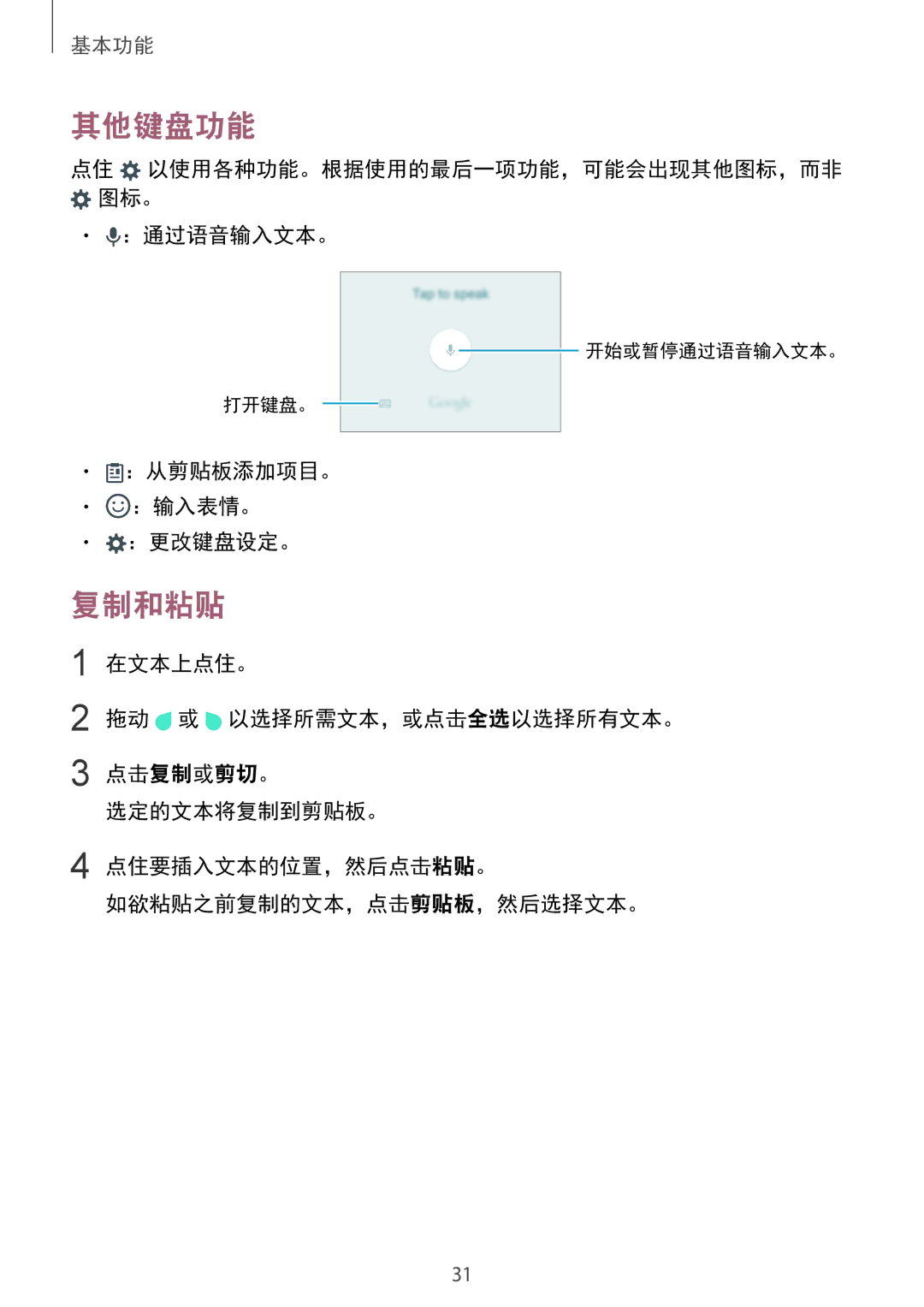 Samsung SM-A310FEDDXXV, SM-A310FZDDXXV, SM-A310FZKDXXV manual 其他键盘功能, 复制和粘贴, ：通过语音输入文本。, ：从剪贴板添加项目。 ：输入表情。 ：更改键盘设定。 