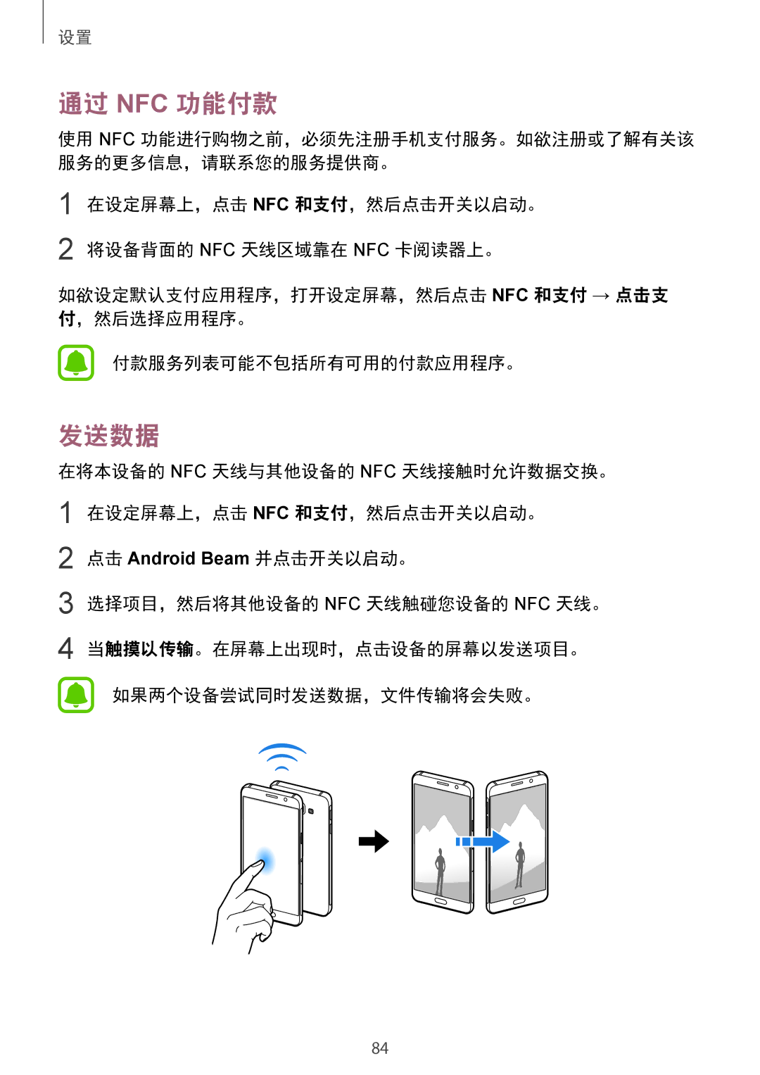 Samsung SM-A310FZDDXXV, SM-A310FEDDXXV, SM-A310FZKDXXV manual 通过 Nfc 功能付款, 发送数据 