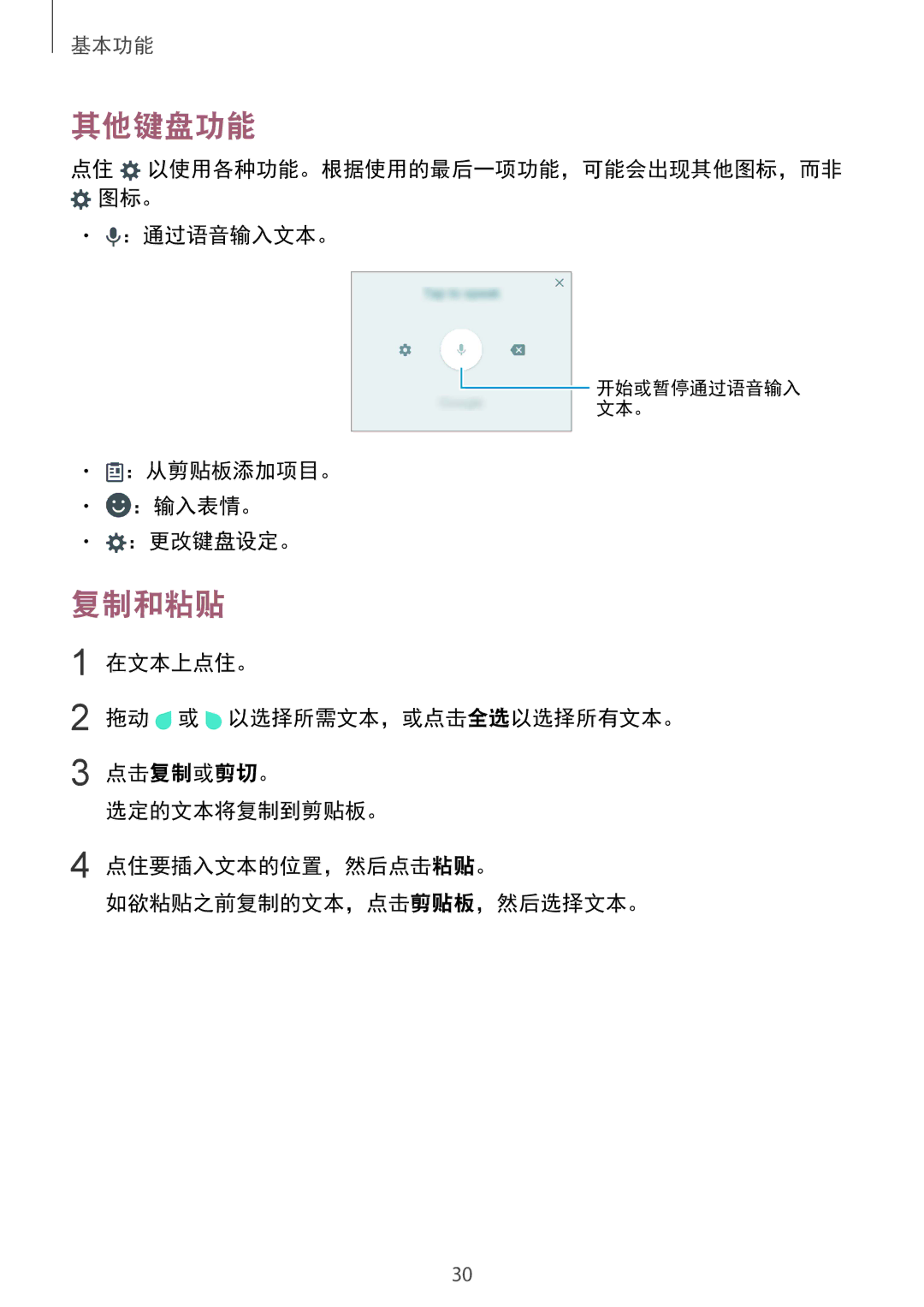 Samsung SM-A310FZDDXXV, SM-A310FEDDXXV, SM-A310FZKDXXV manual 其他键盘功能, 复制和粘贴, ：通过语音输入文本。, ：从剪贴板添加项目。 ：输入表情。 ：更改键盘设定。 