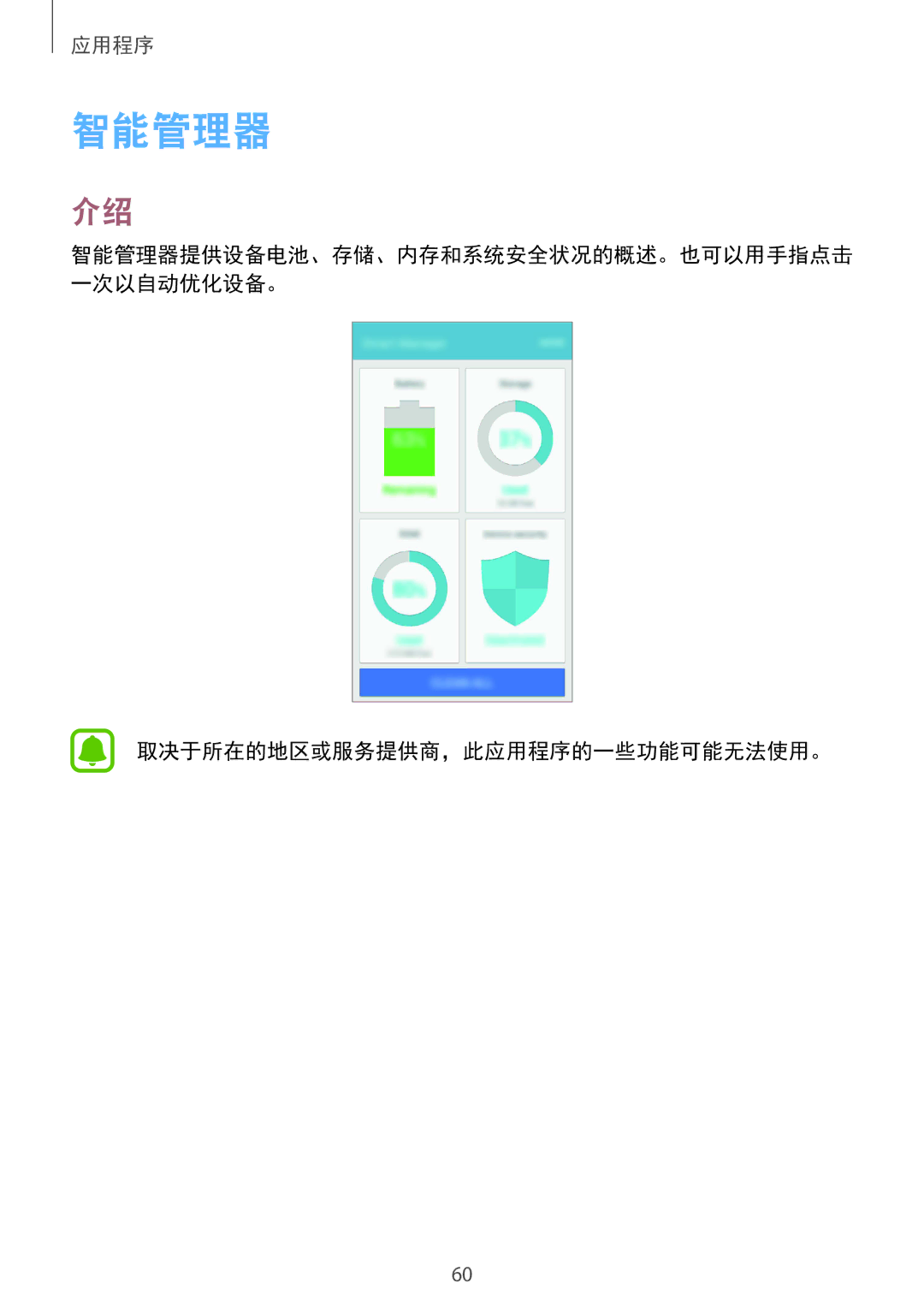 Samsung SM-A310FZDDXXV, SM-A310FEDDXXV, SM-A310FZKDXXV manual 智能管理器, 取决于所在的地区或服务提供商，此应用程序的一些功能可能无法使用。 