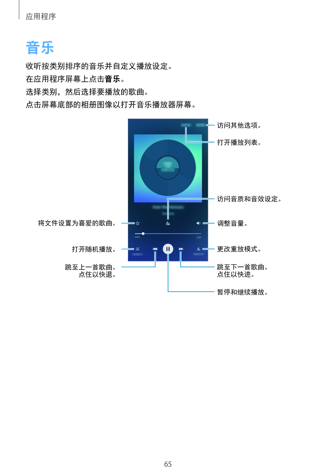 Samsung SM-A310FZKDXXV, SM-A310FZDDXXV, SM-A310FEDDXXV manual 选择类别，然后选择要播放的歌曲。 点击屏幕底部的相册图像以打开音乐播放器屏幕。 