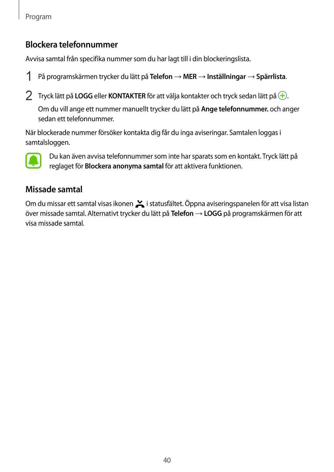 Samsung SM-A310FZWANEE, SM-A310FZKANEE, SM-A310FZDANEE manual Blockera telefonnummer, Missade samtal 