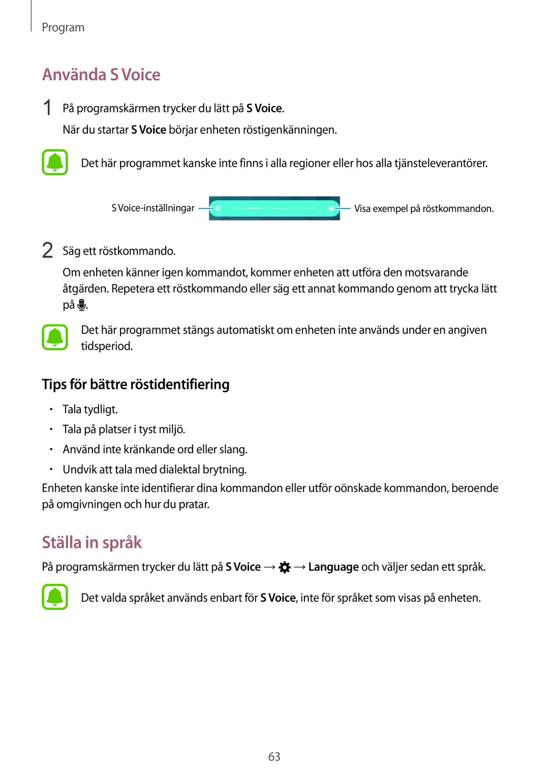 Samsung SM-A310FZKANEE, SM-A310FZWANEE, SM-A310FZDANEE Använda S Voice, Ställa in språk, Tips för bättre röstidentifiering 