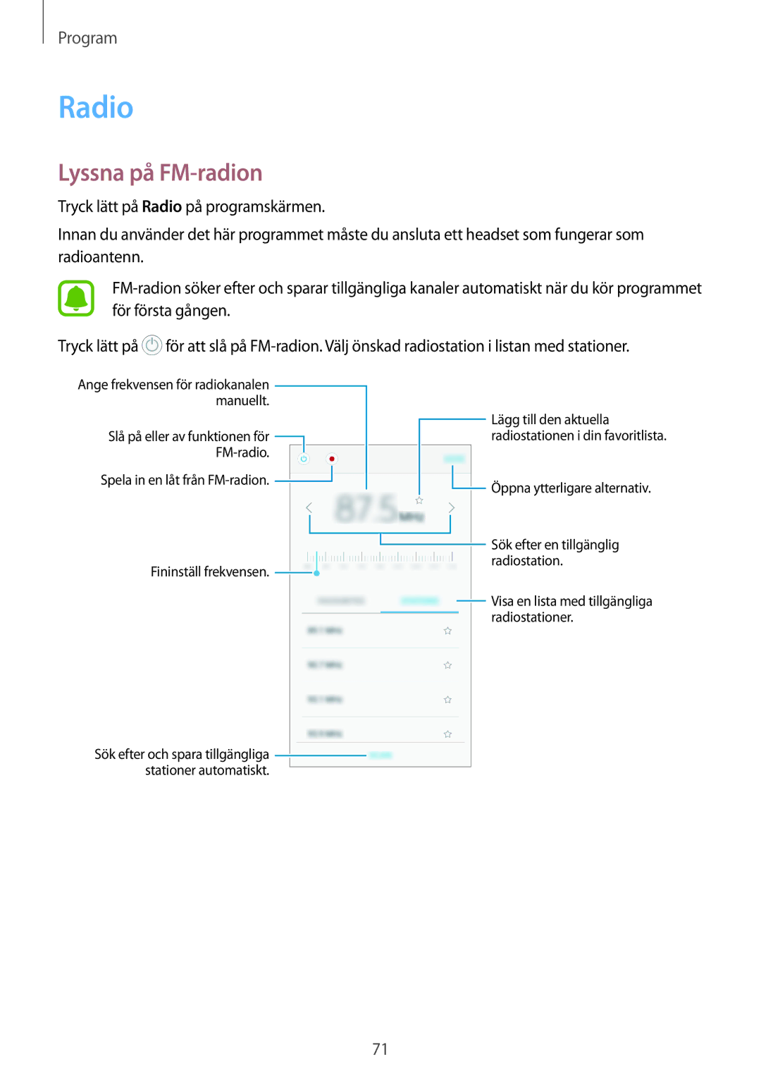 Samsung SM-A310FZDANEE, SM-A310FZKANEE, SM-A310FZWANEE manual Radio, Lyssna på FM-radion 