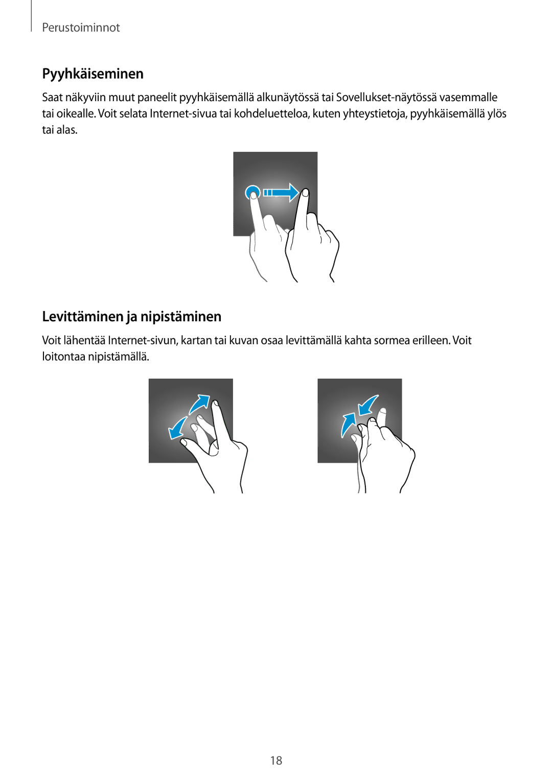 Samsung SM-A310FZKANEE, SM-A310FZWANEE, SM-A310FZDANEE manual Pyyhkäiseminen, Levittäminen ja nipistäminen 