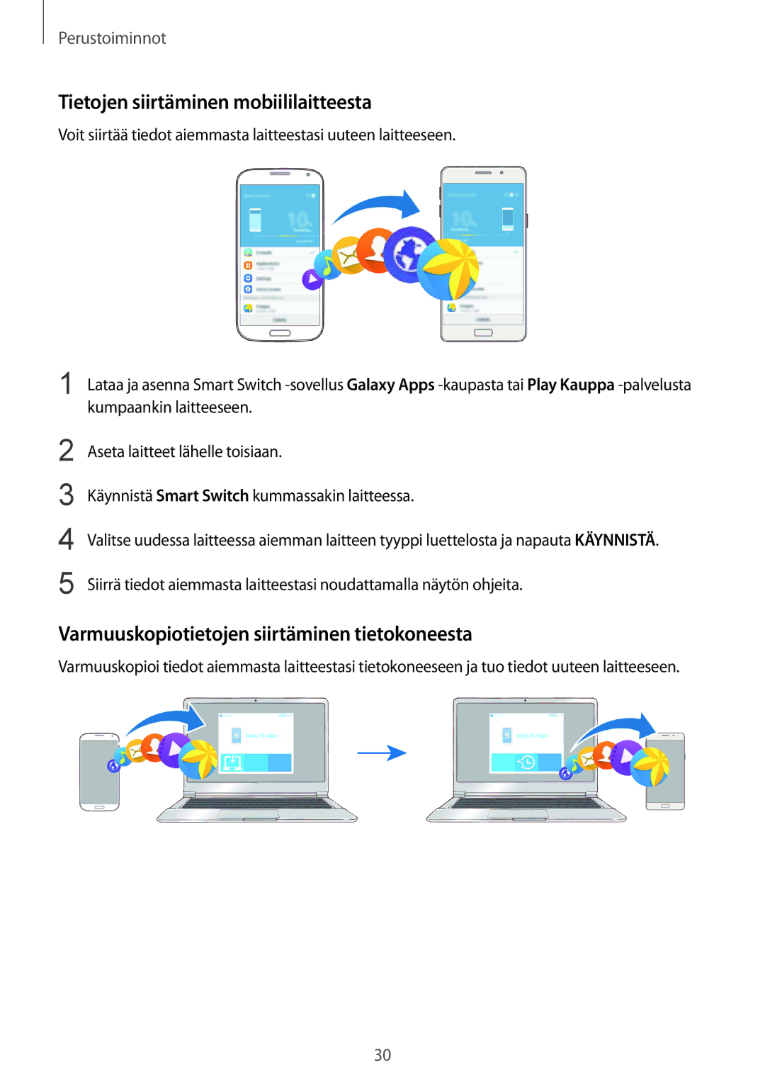 Samsung SM-A310FZKANEE manual Tietojen siirtäminen mobiililaitteesta, Varmuuskopiotietojen siirtäminen tietokoneesta 