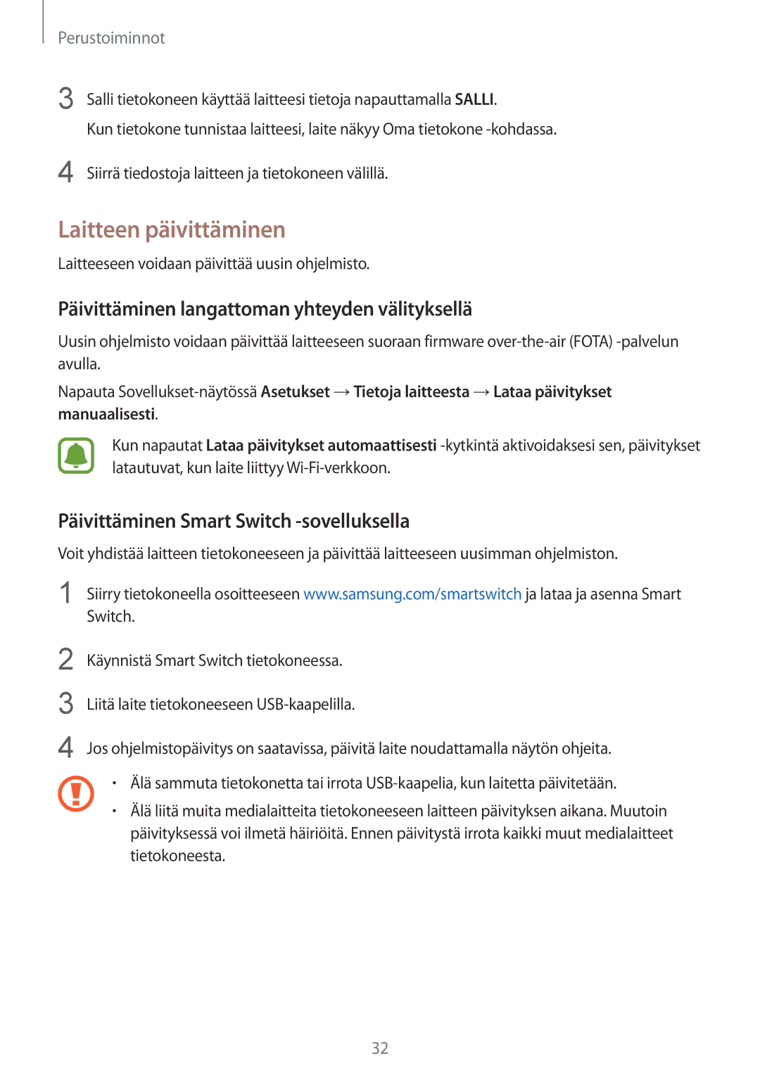 Samsung SM-A310FZDANEE, SM-A310FZKANEE manual Laitteen päivittäminen, Päivittäminen langattoman yhteyden välityksellä 