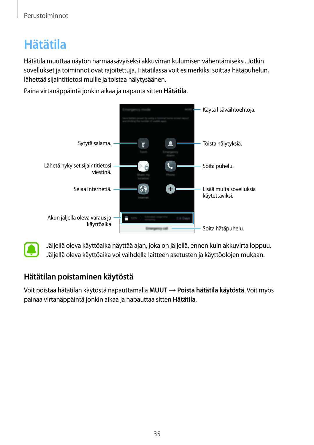 Samsung SM-A310FZDANEE, SM-A310FZKANEE, SM-A310FZWANEE manual Hätätilan poistaminen käytöstä 