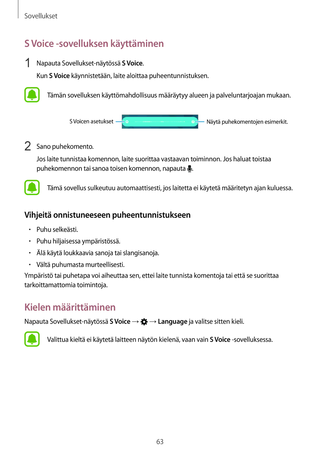 Samsung SM-A310FZKANEE Voice -sovelluksen käyttäminen, Kielen määrittäminen, Vihjeitä onnistuneeseen puheentunnistukseen 