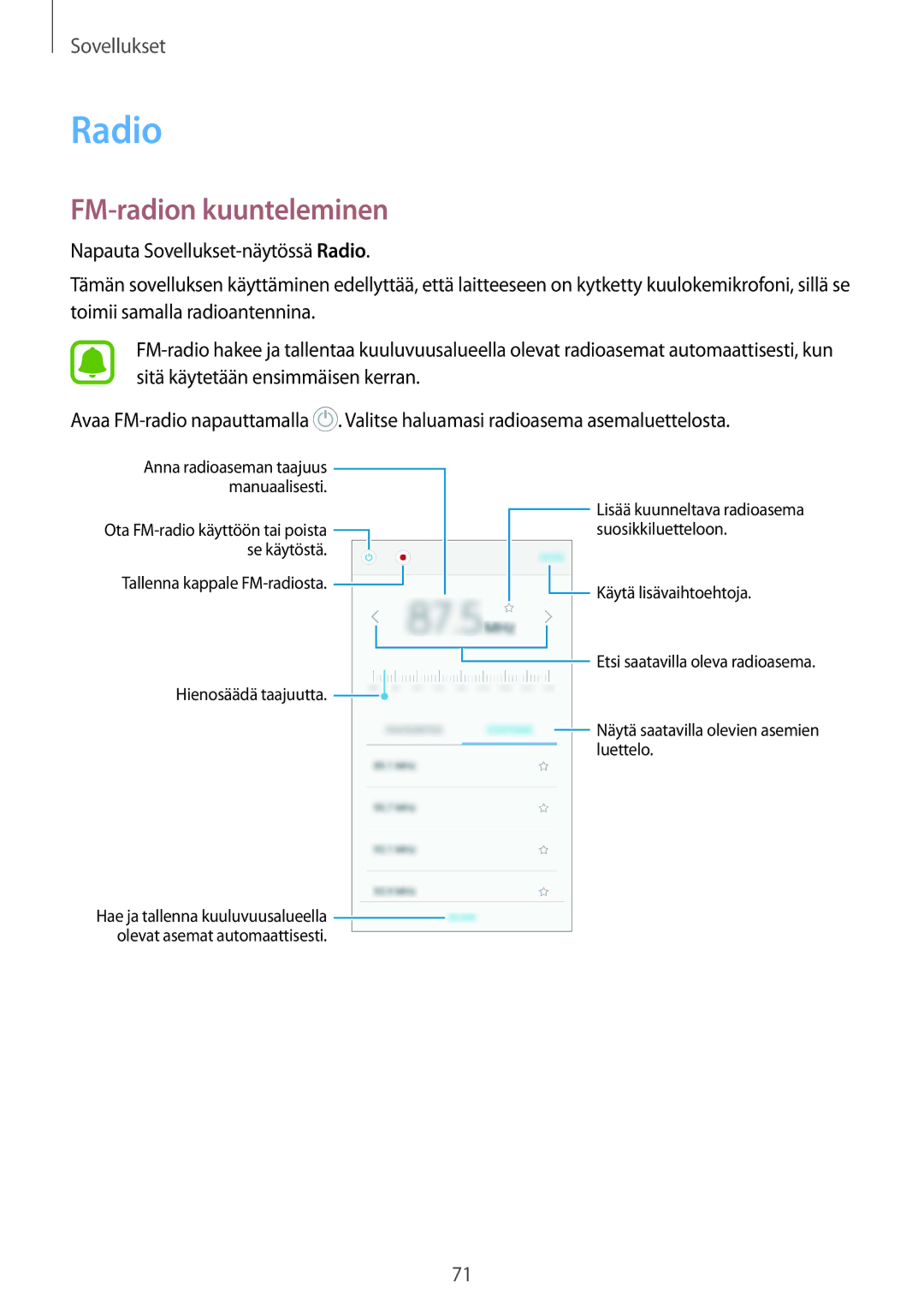 Samsung SM-A310FZDANEE, SM-A310FZKANEE, SM-A310FZWANEE manual Radio, FM-radion kuunteleminen 