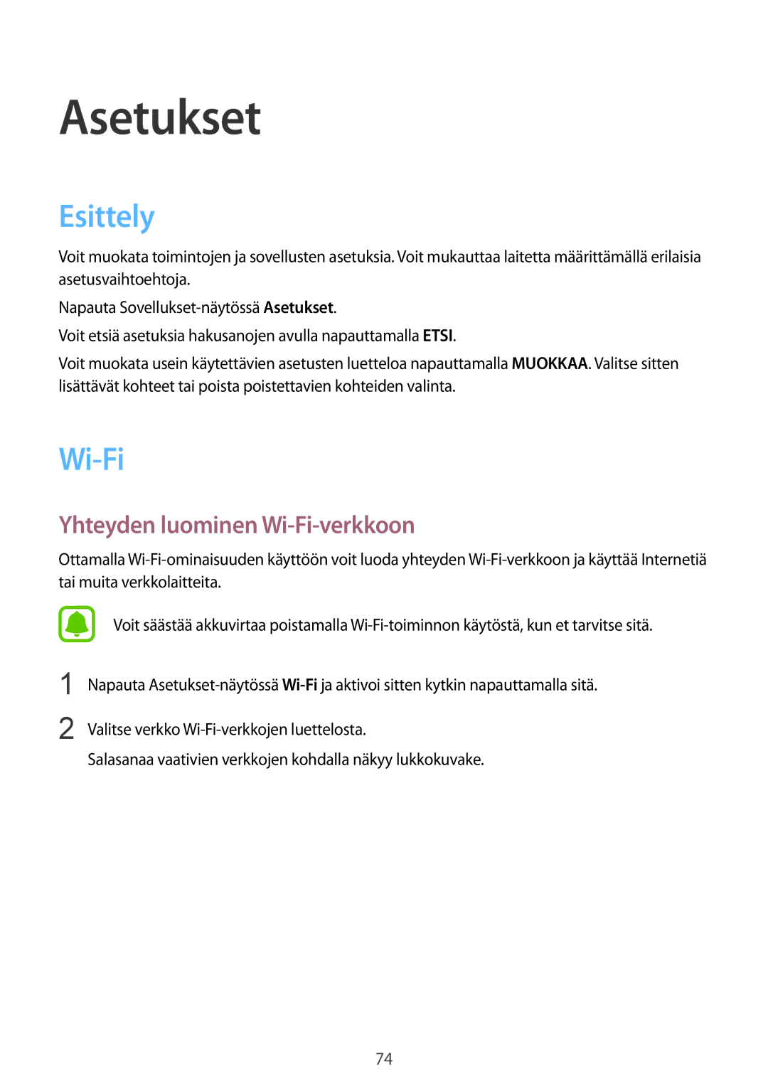 Samsung SM-A310FZDANEE, SM-A310FZKANEE, SM-A310FZWANEE manual Esittely, Yhteyden luominen Wi-Fi-verkkoon 