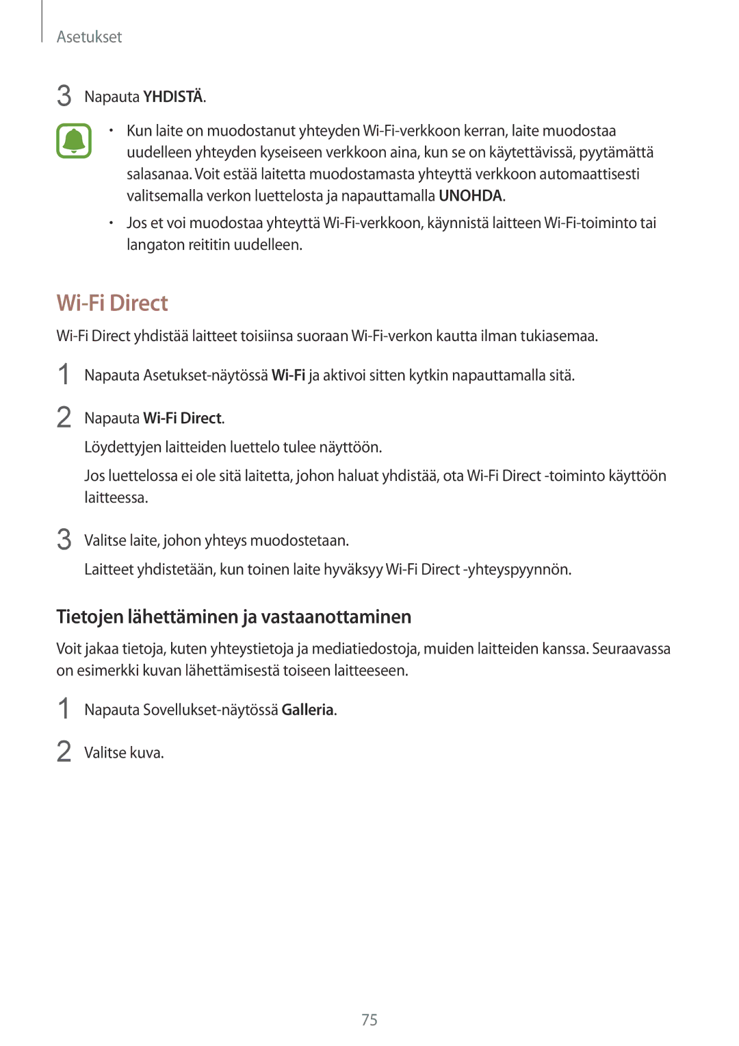 Samsung SM-A310FZKANEE, SM-A310FZWANEE, SM-A310FZDANEE Tietojen lähettäminen ja vastaanottaminen, Napauta Wi-Fi Direct 