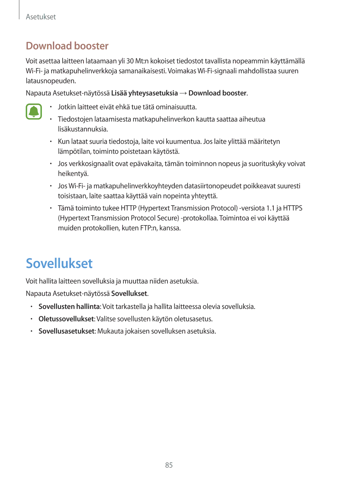 Samsung SM-A310FZWANEE, SM-A310FZKANEE, SM-A310FZDANEE manual Sovellukset, Download booster 