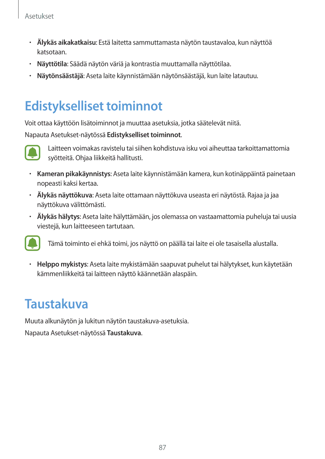 Samsung SM-A310FZKANEE, SM-A310FZWANEE, SM-A310FZDANEE manual Edistykselliset toiminnot, Taustakuva 