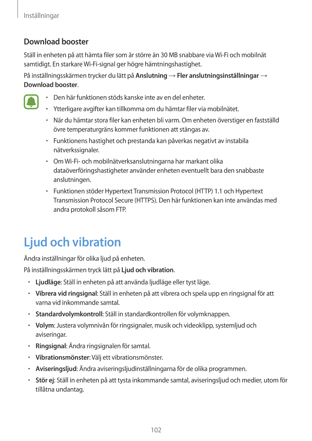 Samsung SM-A310FZKANEE, SM-A310FZWANEE, SM-A310FZDANEE manual Ljud och vibration, Download booster 