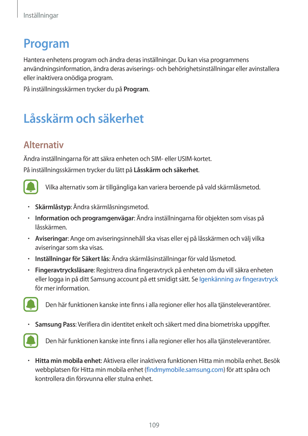 Samsung SM-A310FZWANEE, SM-A310FZKANEE, SM-A310FZDANEE manual Program, Låsskärm och säkerhet 