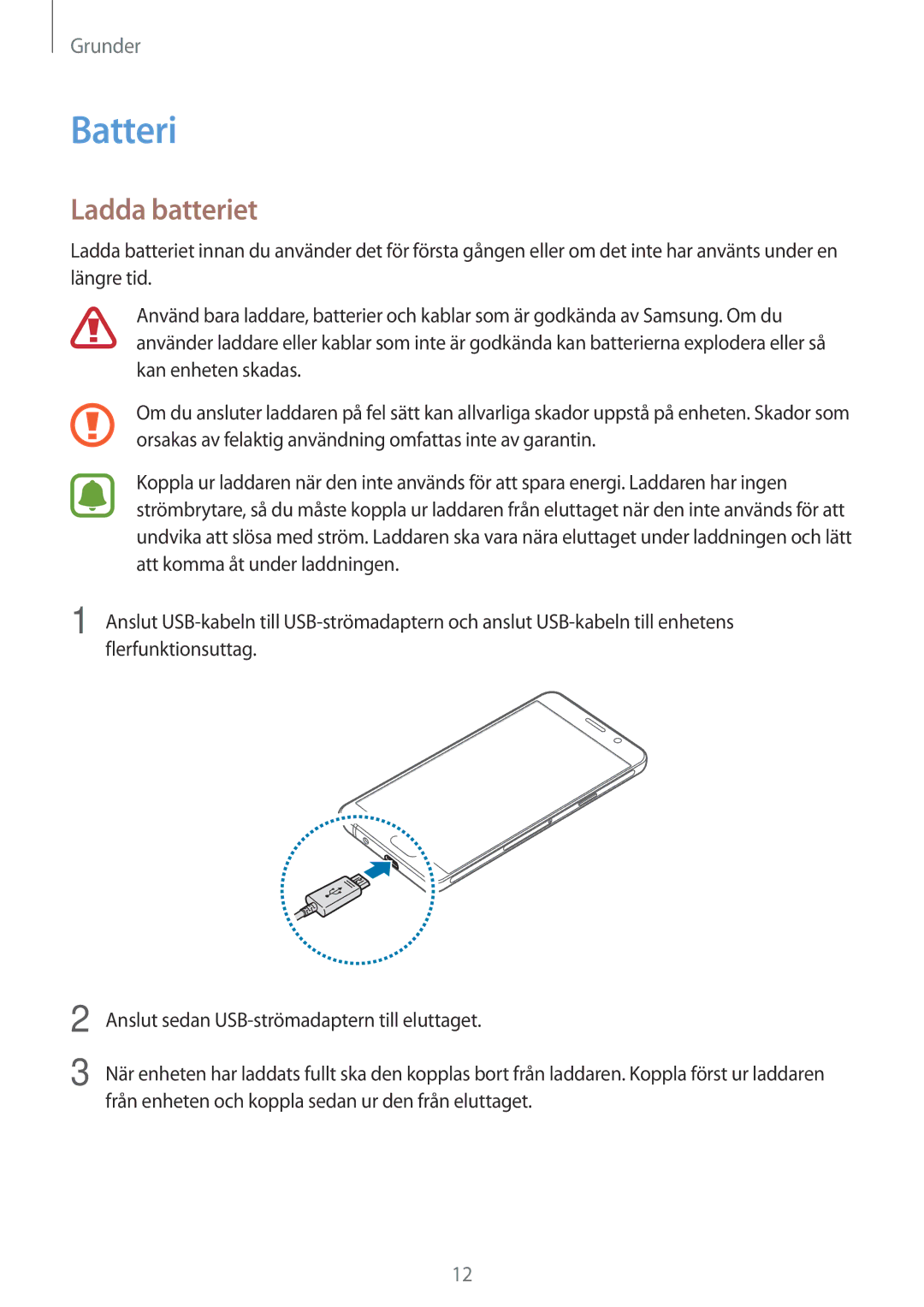 Samsung SM-A310FZKANEE, SM-A310FZWANEE, SM-A310FZDANEE manual Batteri, Ladda batteriet 