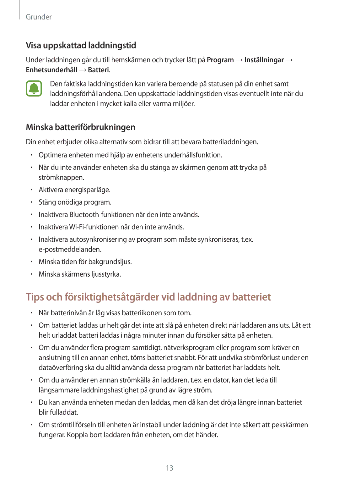 Samsung SM-A310FZWANEE manual Tips och försiktighetsåtgärder vid laddning av batteriet, Visa uppskattad laddningstid 