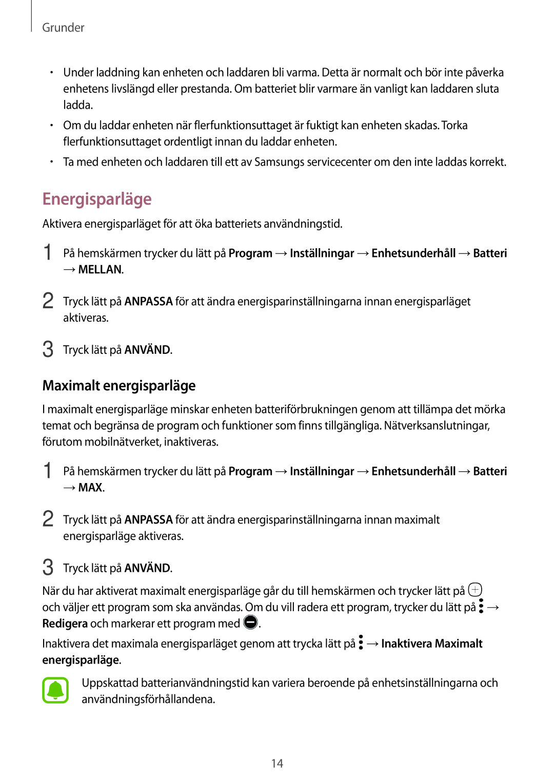 Samsung SM-A310FZDANEE, SM-A310FZKANEE, SM-A310FZWANEE manual Energisparläge, Maximalt energisparläge 