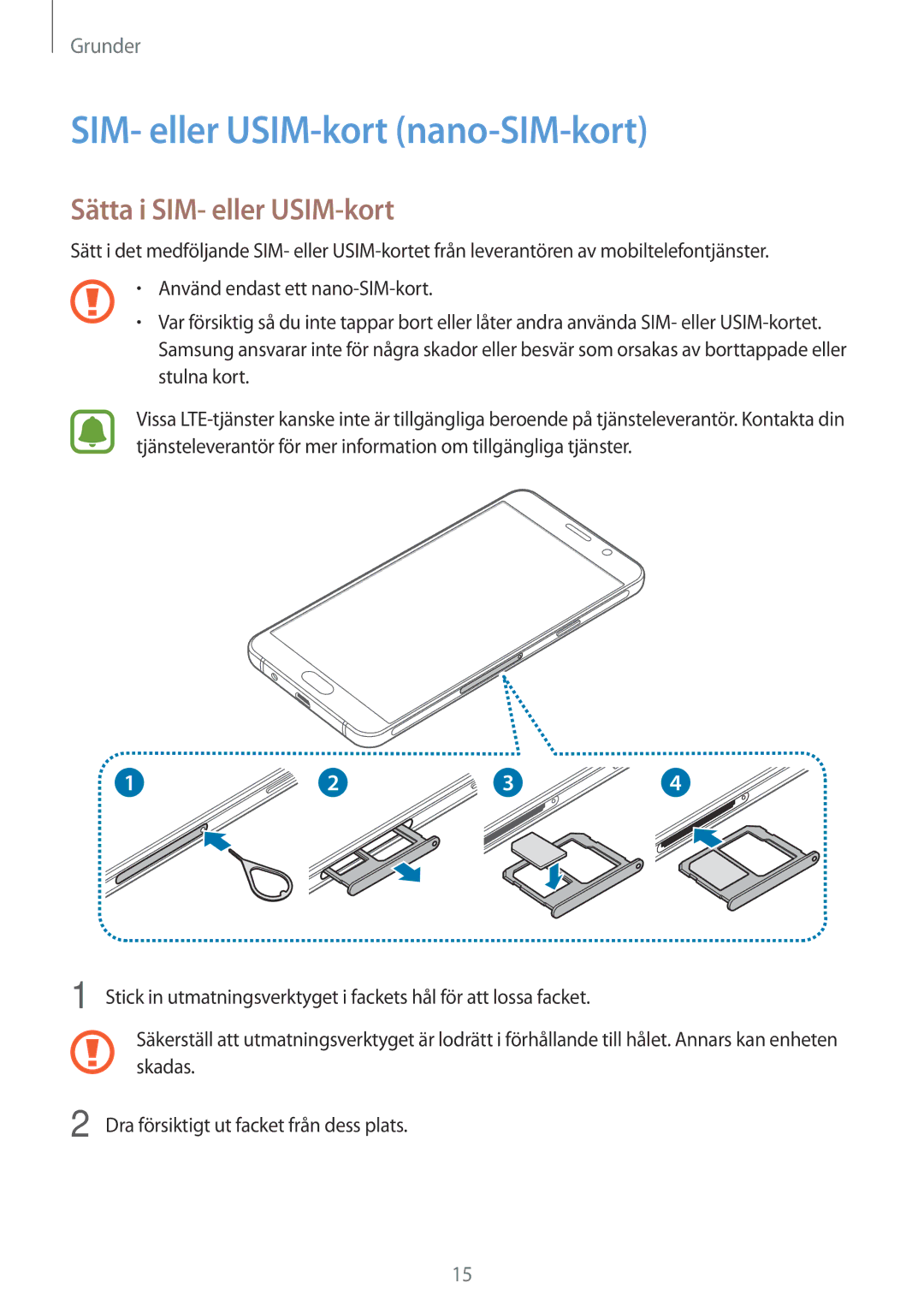 Samsung SM-A310FZKANEE, SM-A310FZWANEE, SM-A310FZDANEE SIM- eller USIM-kort nano-SIM-kort, Sätta i SIM- eller USIM-kort 