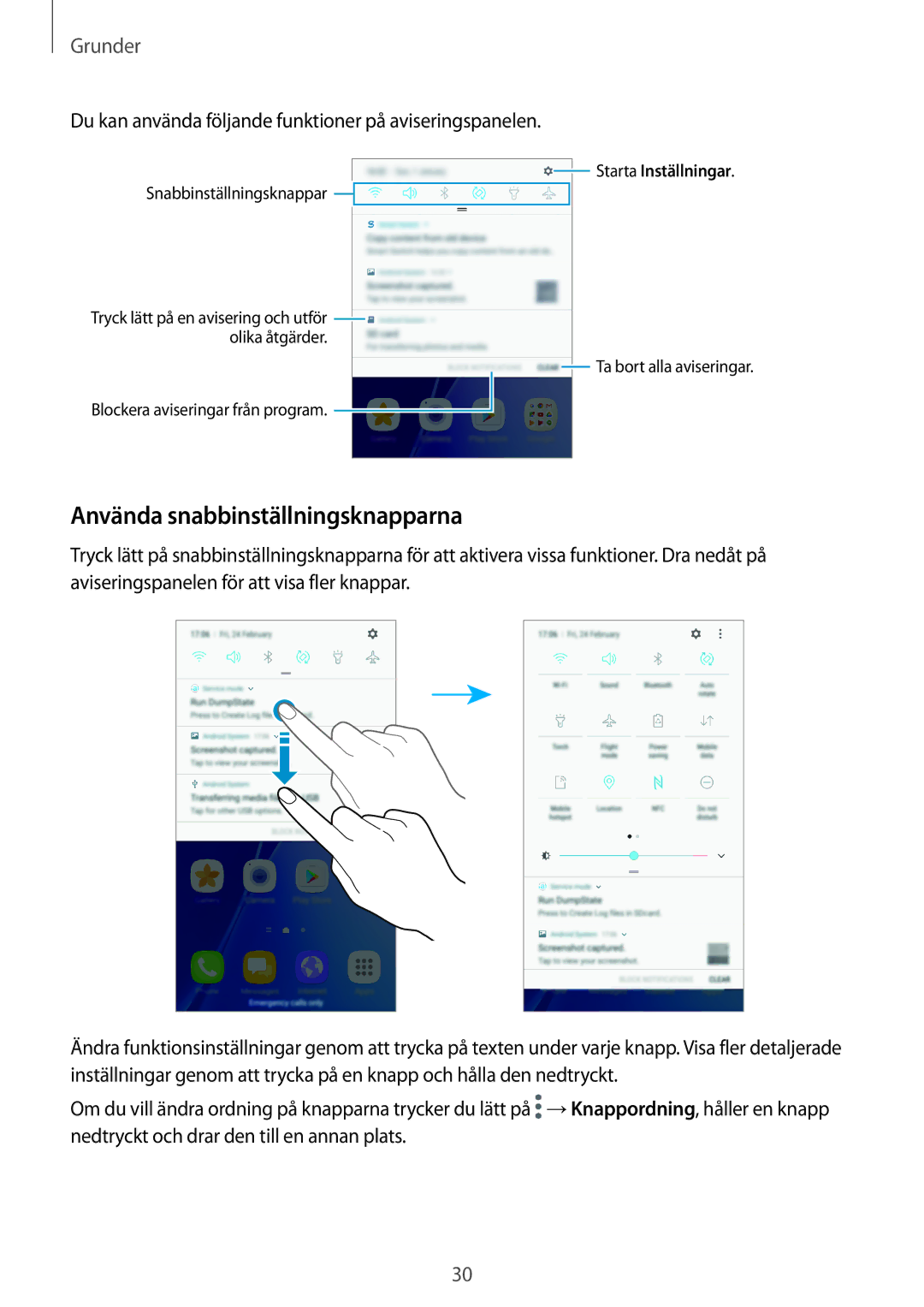 Samsung SM-A310FZKANEE manual Använda snabbinställningsknapparna, Du kan använda följande funktioner på aviseringspanelen 