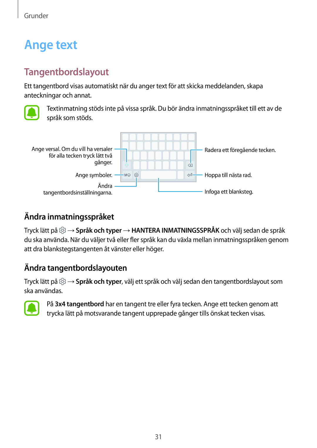 Samsung SM-A310FZWANEE, SM-A310FZKANEE Ange text, Tangentbordslayout, Ändra inmatningsspråket, Ändra tangentbordslayouten 