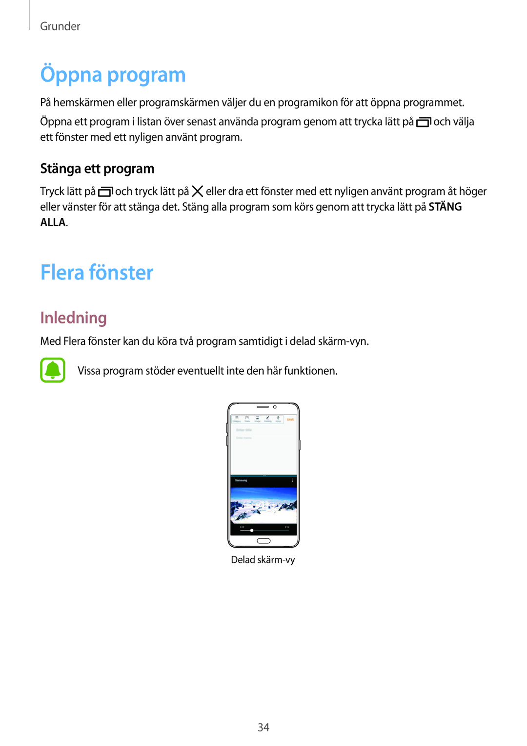 Samsung SM-A310FZWANEE, SM-A310FZKANEE, SM-A310FZDANEE manual Öppna program, Flera fönster, Inledning, Stänga ett program 