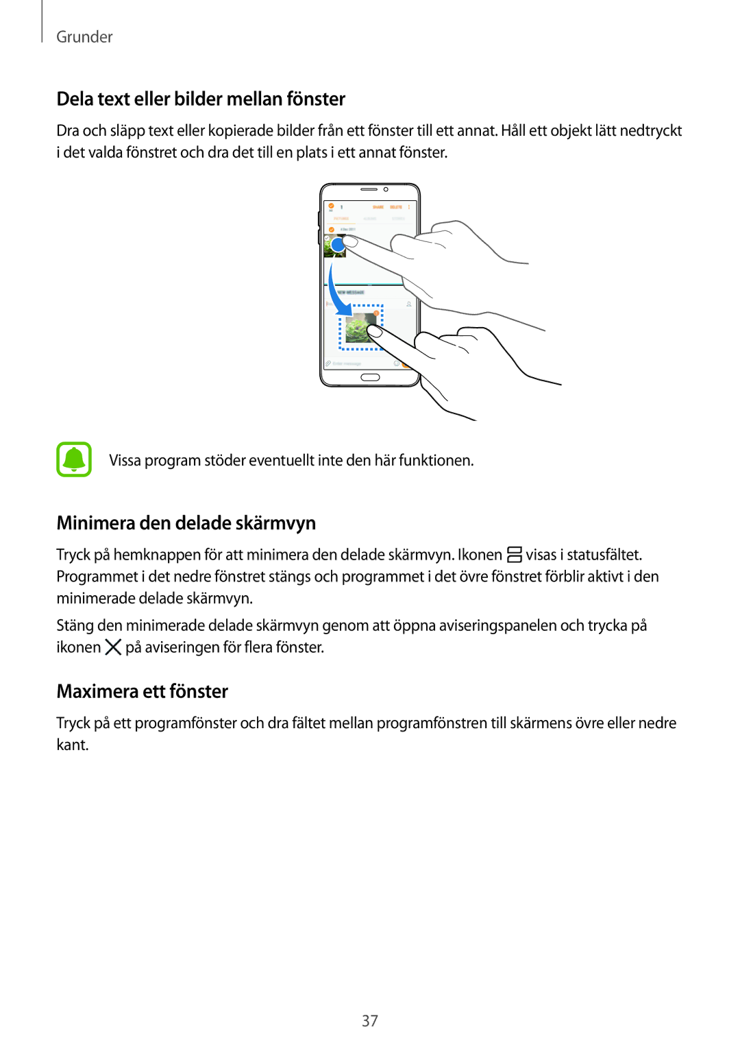 Samsung SM-A310FZWANEE manual Dela text eller bilder mellan fönster, Minimera den delade skärmvyn, Maximera ett fönster 