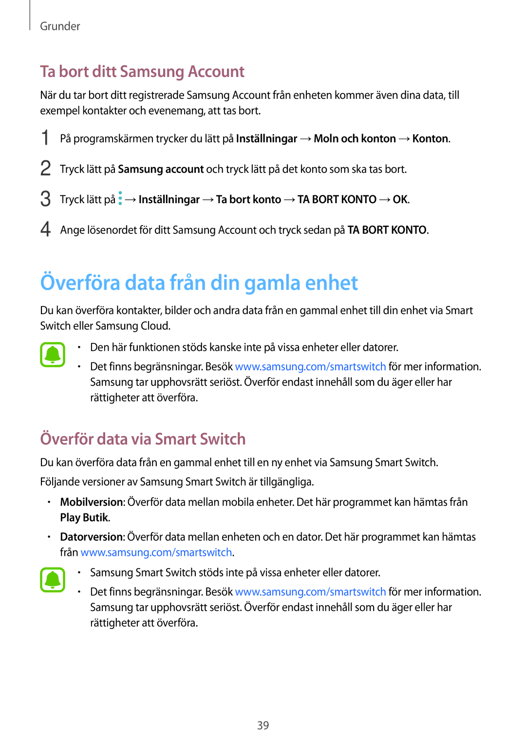 Samsung SM-A310FZKANEE Överföra data från din gamla enhet, Ta bort ditt Samsung Account, Överför data via Smart Switch 