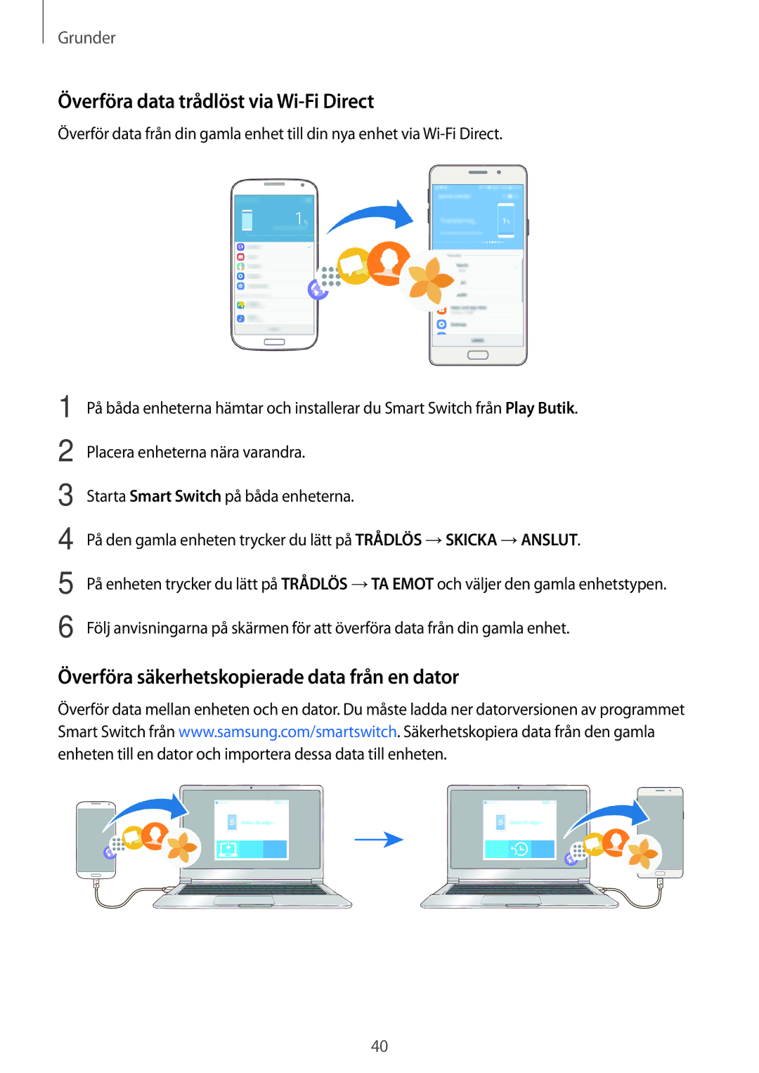 Samsung SM-A310FZWANEE manual Överföra data trådlöst via Wi-Fi Direct, Överföra säkerhetskopierade data från en dator 