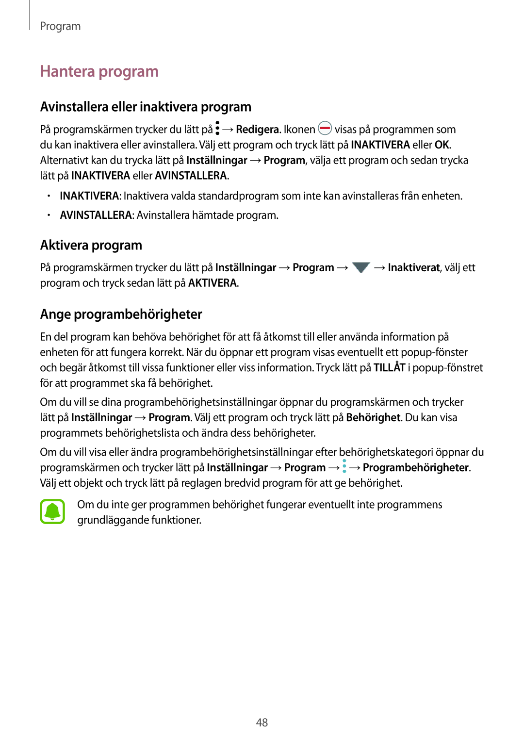 Samsung SM-A310FZKANEE Hantera program, Avinstallera eller inaktivera program, Aktivera program, Ange programbehörigheter 