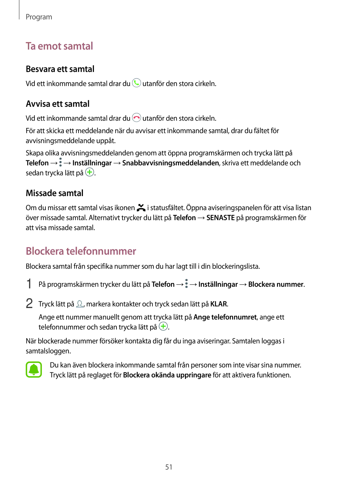 Samsung SM-A310FZKANEE manual Ta emot samtal, Blockera telefonnummer, Besvara ett samtal, Avvisa ett samtal, Missade samtal 