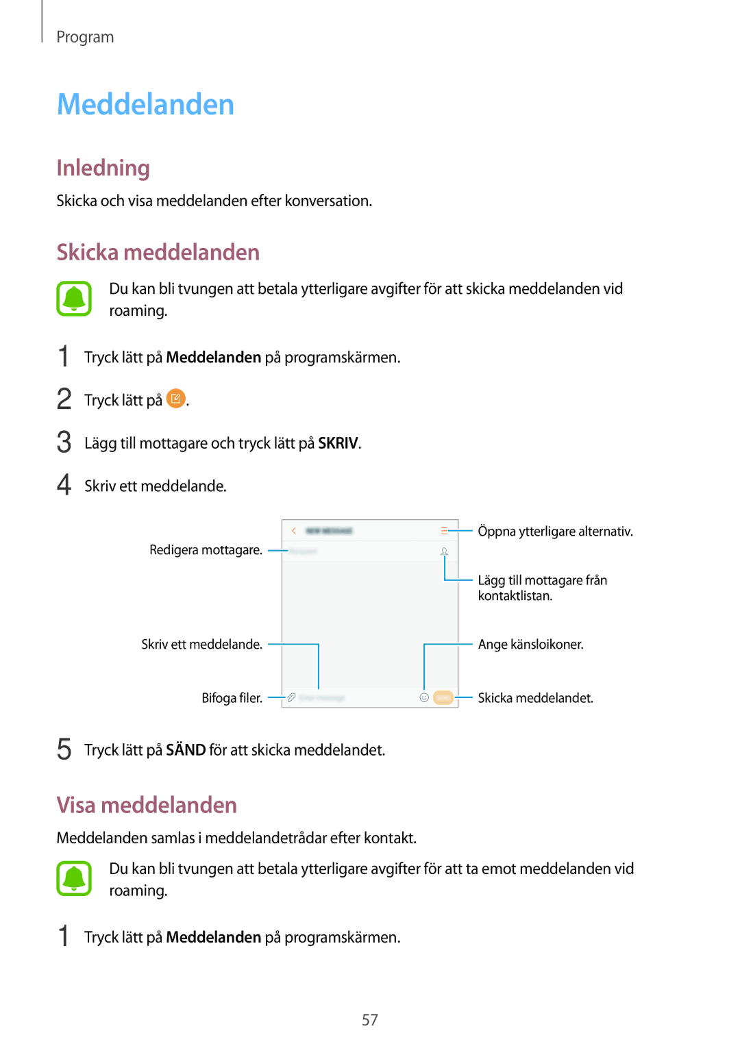 Samsung SM-A310FZKANEE, SM-A310FZWANEE, SM-A310FZDANEE manual Meddelanden, Skicka meddelanden, Visa meddelanden 