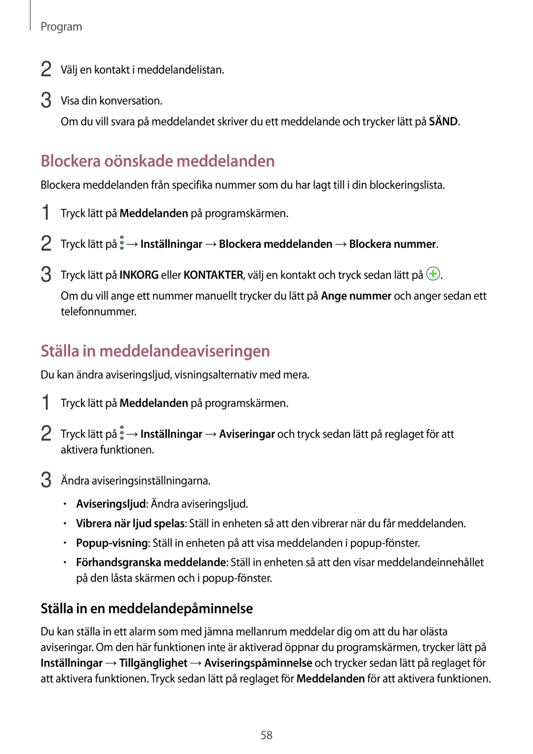 Samsung SM-A310FZWANEE Blockera oönskade meddelanden, Ställa in meddelandeaviseringen, Ställa in en meddelandepåminnelse 