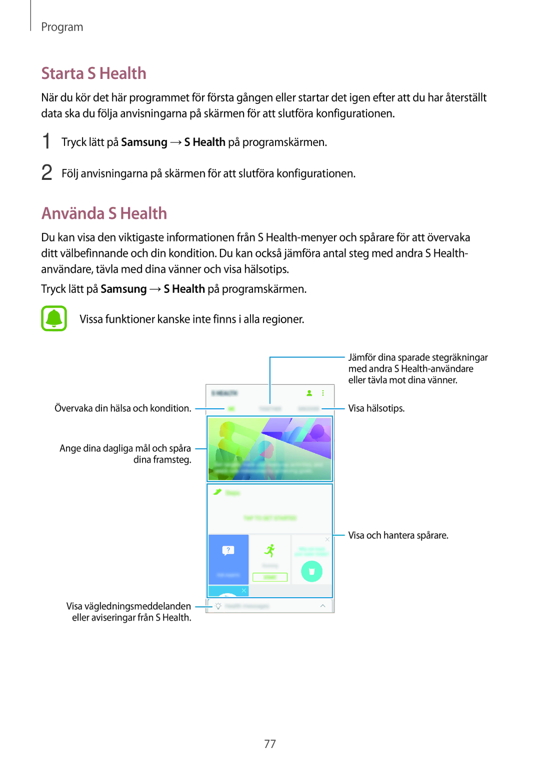 Samsung SM-A310FZDANEE, SM-A310FZKANEE, SM-A310FZWANEE manual Starta S Health, Använda S Health 