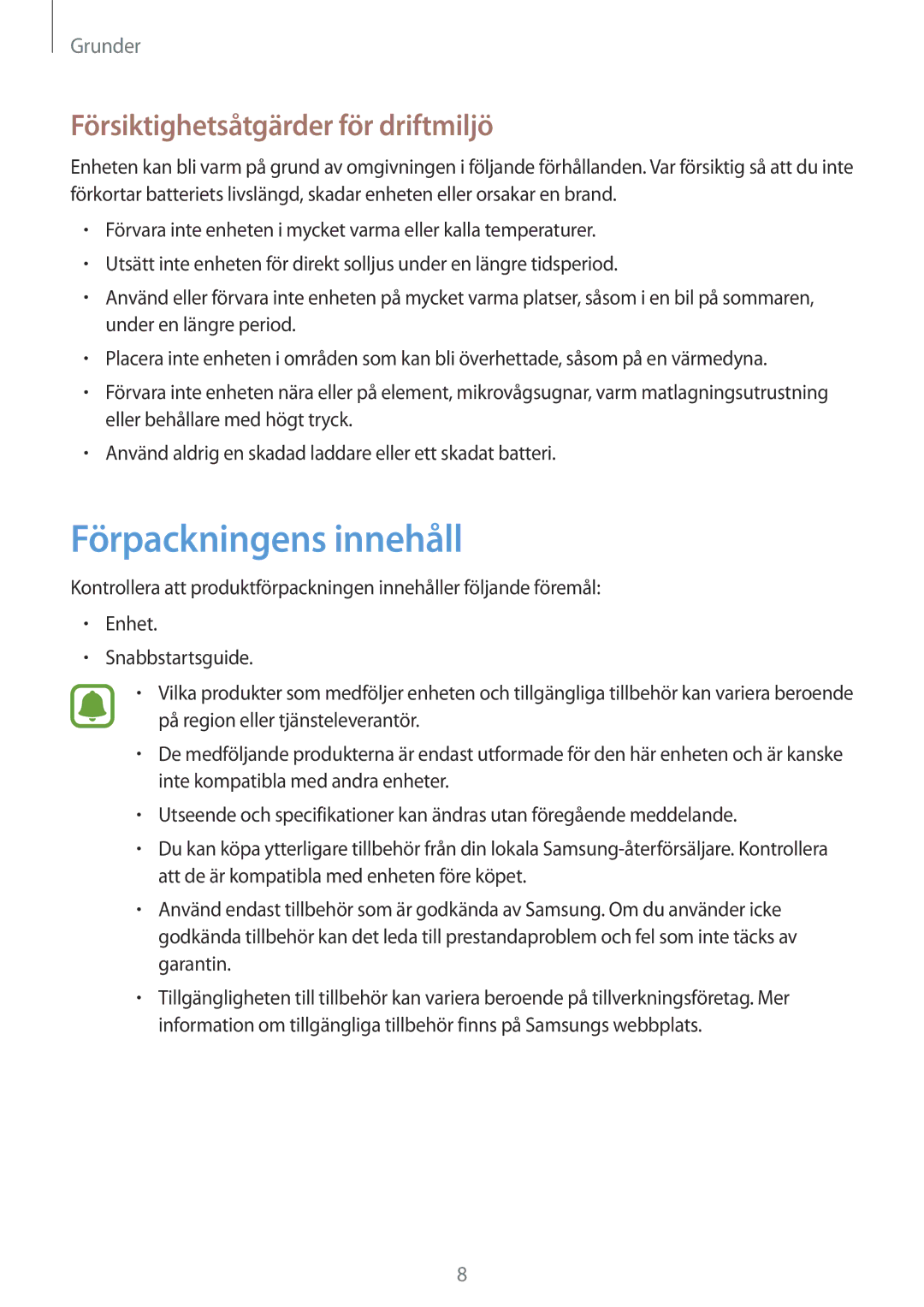 Samsung SM-A310FZDANEE, SM-A310FZKANEE, SM-A310FZWANEE manual Förpackningens innehåll, Försiktighetsåtgärder för driftmiljö 