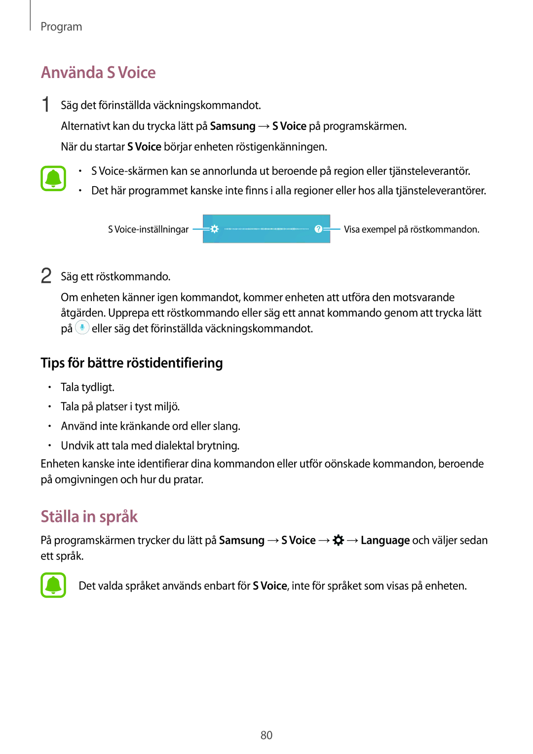 Samsung SM-A310FZDANEE, SM-A310FZKANEE, SM-A310FZWANEE Använda S Voice, Ställa in språk, Tips för bättre röstidentifiering 