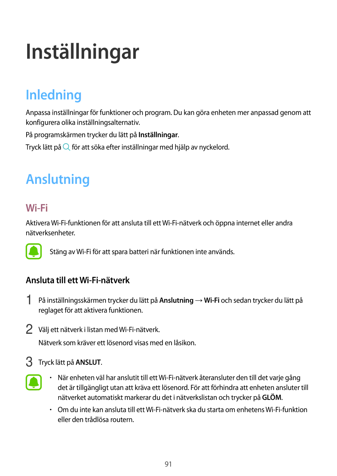 Samsung SM-A310FZWANEE, SM-A310FZKANEE, SM-A310FZDANEE manual Inledning, Anslutning, Ansluta till ett Wi-Fi-nätverk 