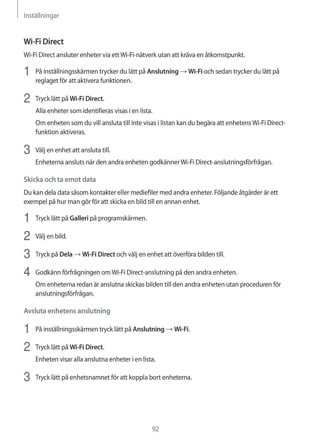 Samsung SM-A310FZDANEE, SM-A310FZKANEE, SM-A310FZWANEE manual Wi-Fi Direct, Skicka och ta emot data 