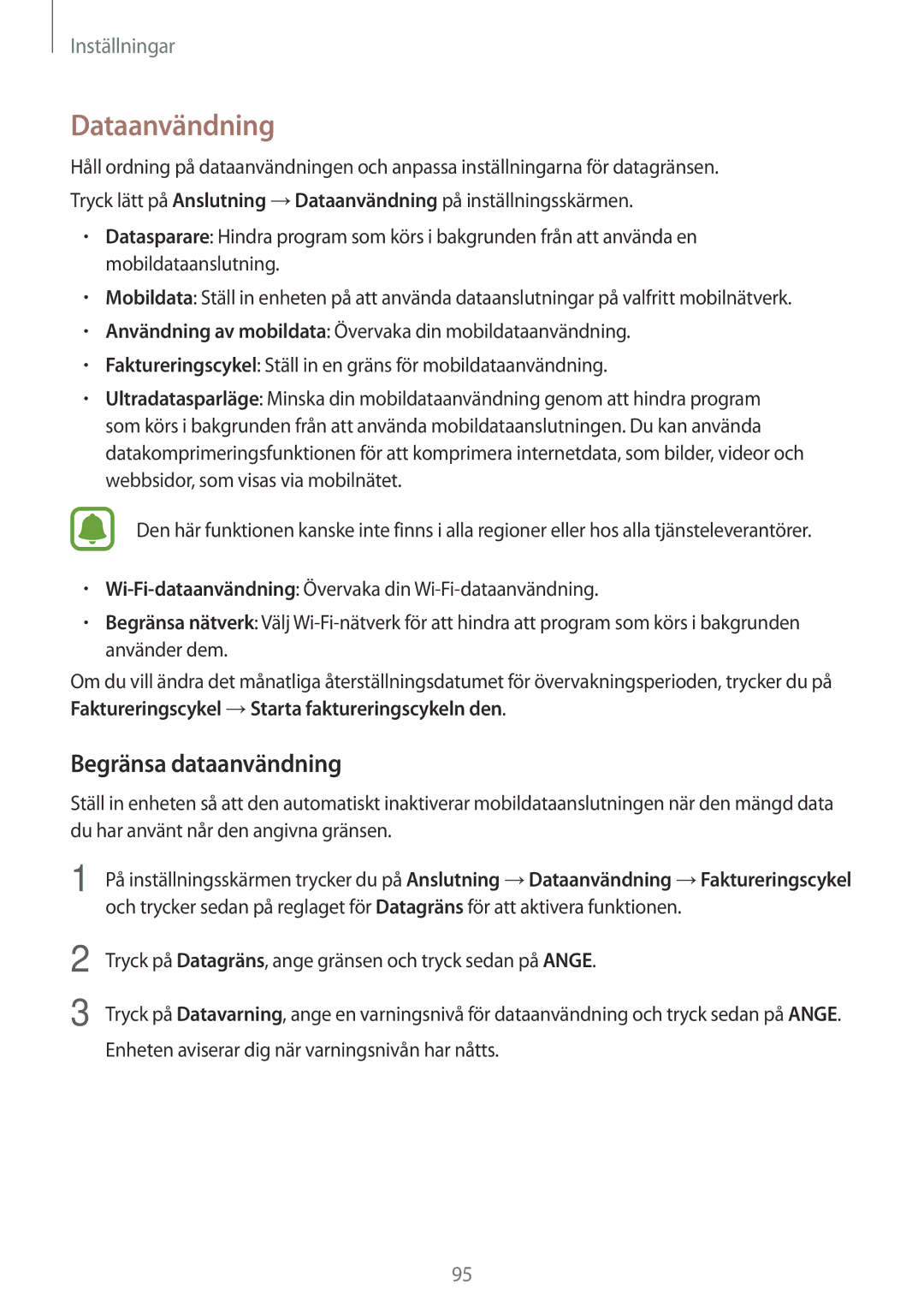 Samsung SM-A310FZDANEE, SM-A310FZKANEE, SM-A310FZWANEE manual Dataanvändning, Begränsa dataanvändning 