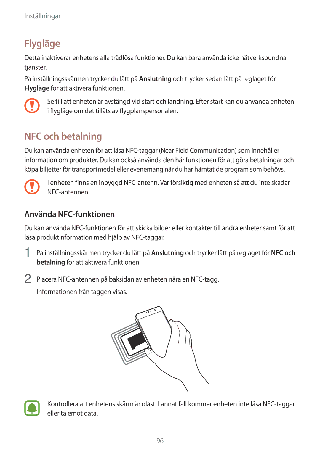 Samsung SM-A310FZKANEE, SM-A310FZWANEE, SM-A310FZDANEE manual Flygläge, NFC och betalning, Använda NFC-funktionen 