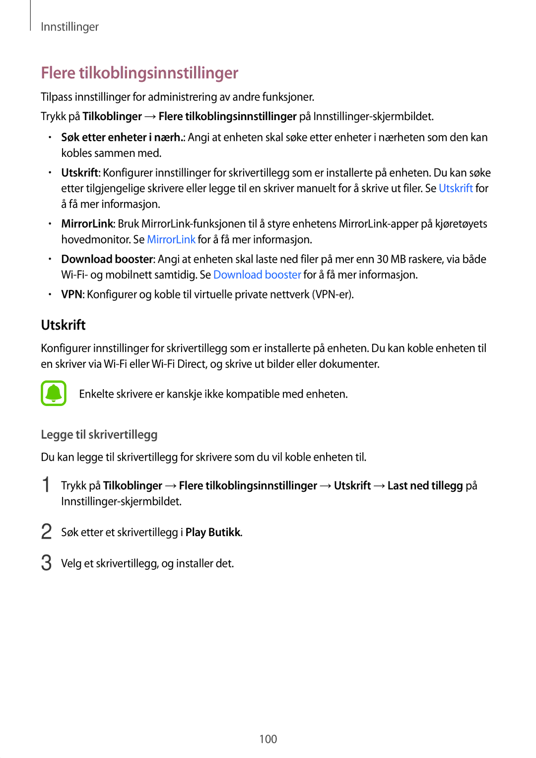 Samsung SM-A310FZWANEE, SM-A310FZKANEE, SM-A310FZDANEE manual Flere tilkoblingsinnstillinger, Utskrift 