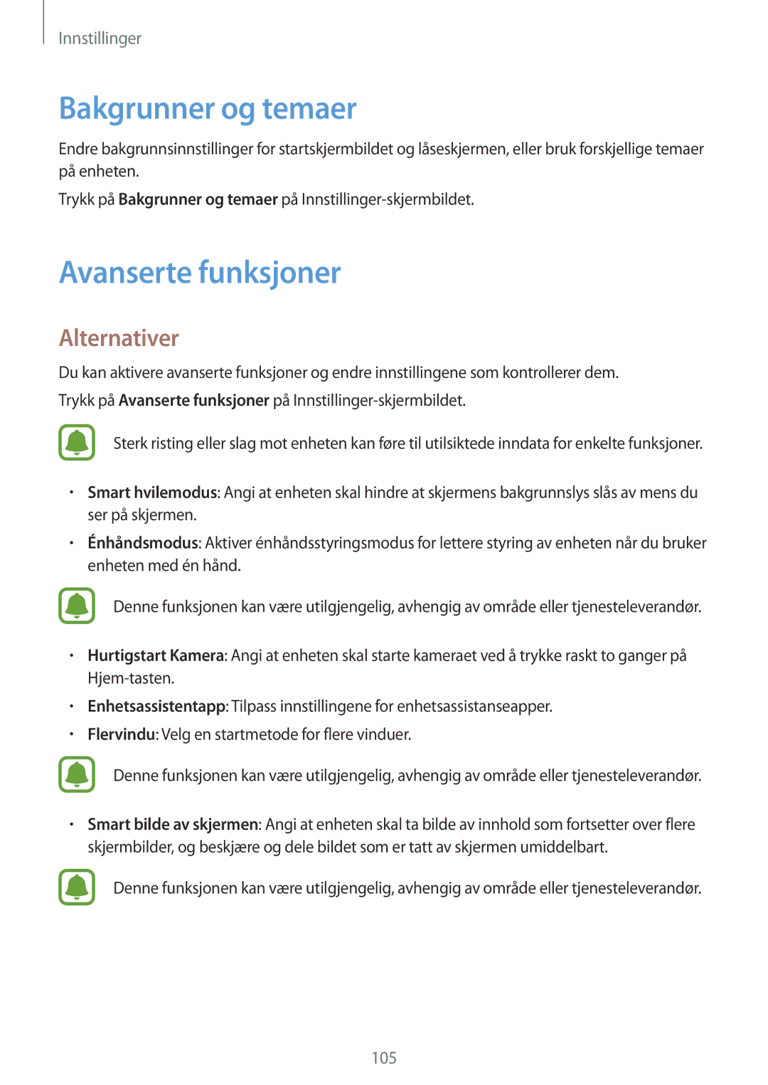 Samsung SM-A310FZKANEE, SM-A310FZWANEE, SM-A310FZDANEE manual Bakgrunner og temaer, Avanserte funksjoner 