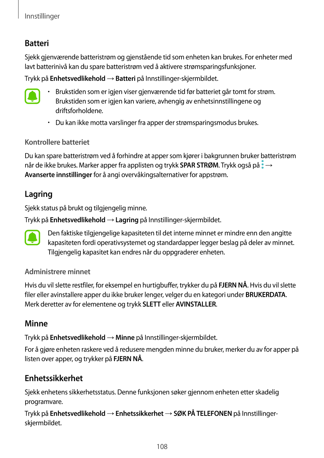 Samsung SM-A310FZKANEE, SM-A310FZWANEE, SM-A310FZDANEE manual Batteri, Lagring, Minne, Enhetssikkerhet 